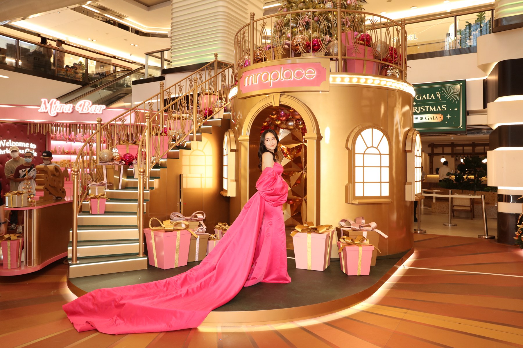 Mira Place Christmas installation with pink cafe decor